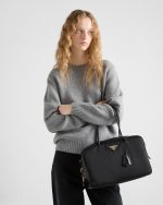 Large Re-Nylon and Leather Top-Handle Bag With Padlock - Image 6